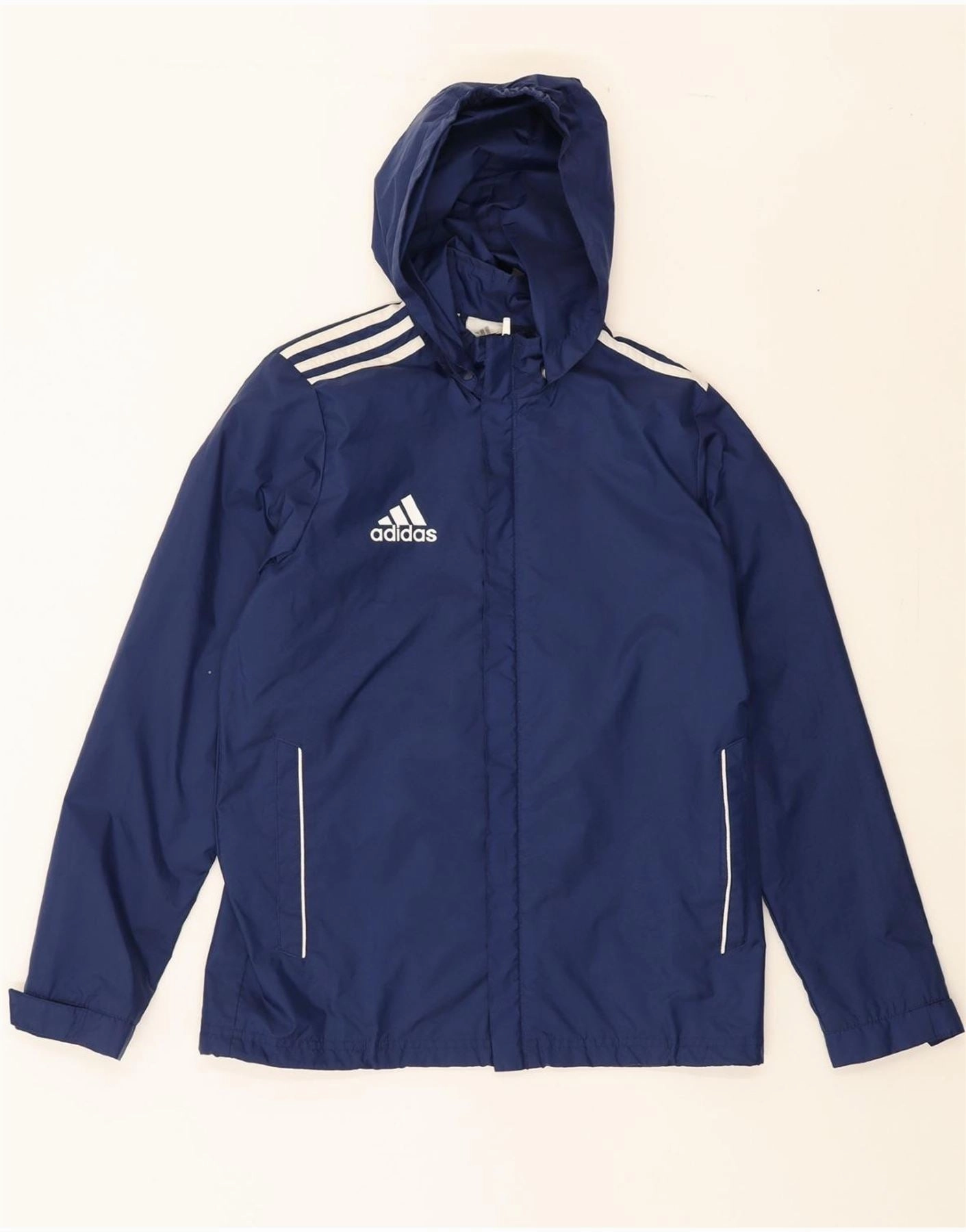 ADIDAS Boys Graphic Hooded Rain Jacket 13-14 Years Navy Blue Nylon